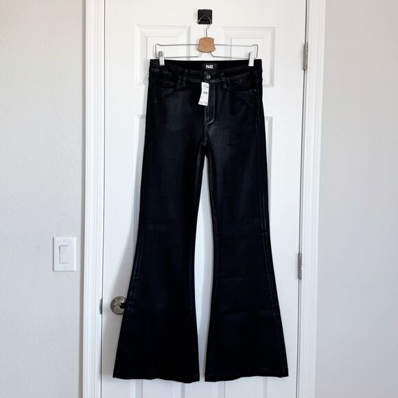 NWT Paige Genevieve Black Fog Luxe Coating Flare Pants Size 28 - Picture 10 of 15